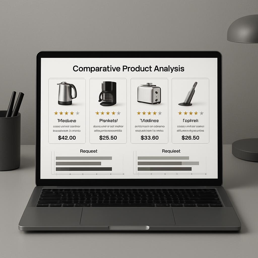Computer-generated image of a gray laptop on a desk with a webpage open on the screen, showing comparative product analysi...